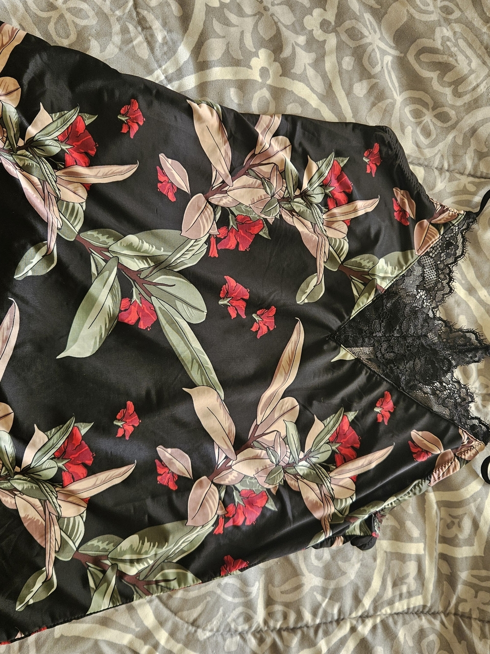 Black Floral Satin Lace-Trim Tank Top
